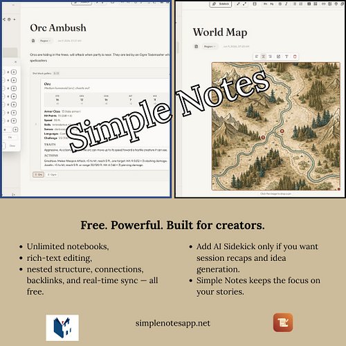Simple Notes is the clean, lightweight note-taking app built for game masters and creators. Capture session notes, NPC detail...
