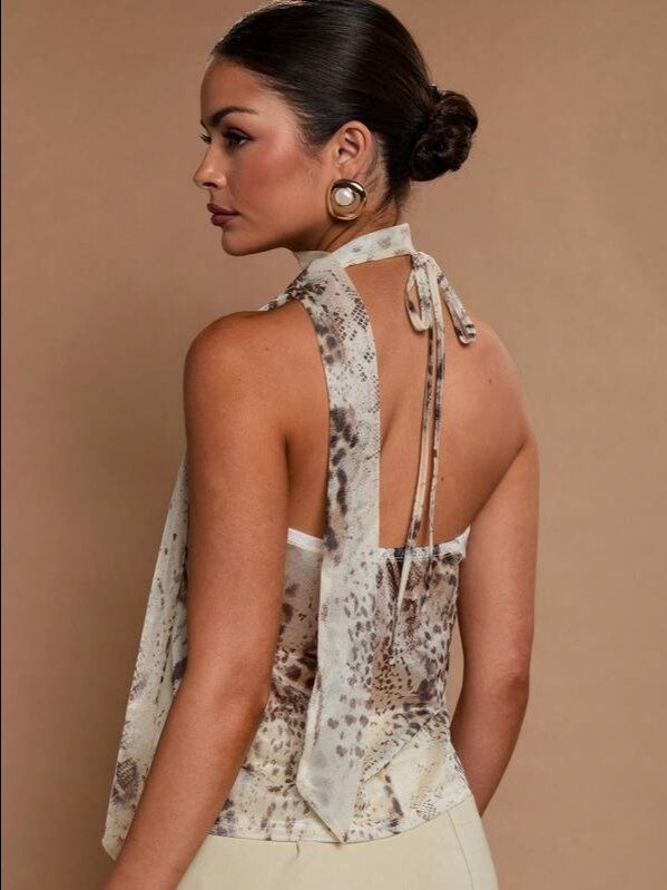 Leopard Print Tie-Up Halter Neck Tank Top | Women's Backless Asymmetric Slim Fit Party Top for Stage, Concert & Summer | ADLEST product image (2)
