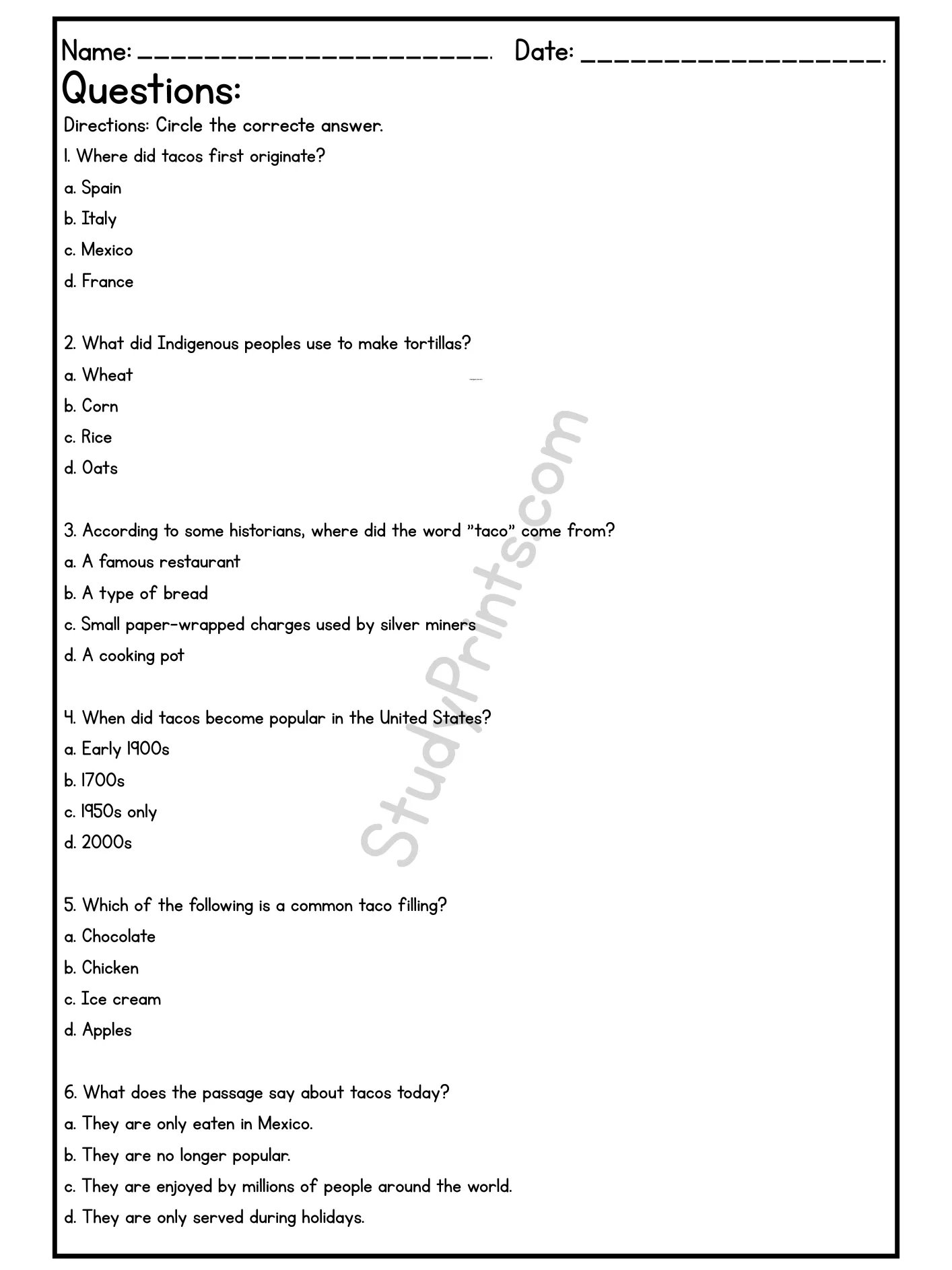 The History of Tacos Reading Comprehension Passage and Questions | Printable PDF product image (3)