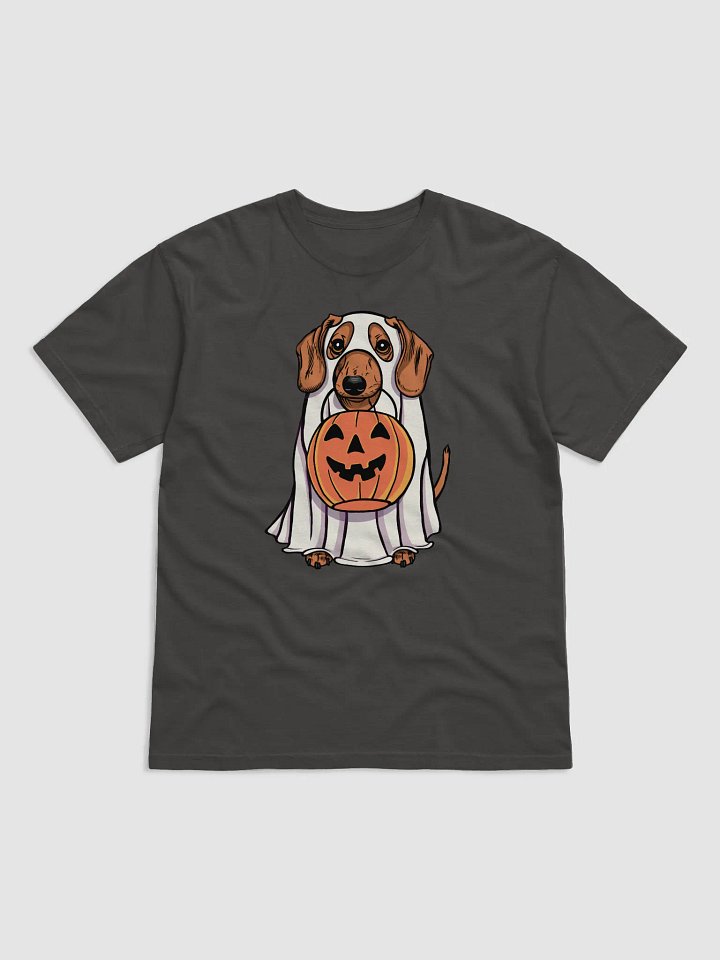 Funny Halloween Dachshund(Tan) T-Shirt | Funny Doxie/Wiener Wearing a Ghost Costume and Holding a Pumpkin Basket product image (1)