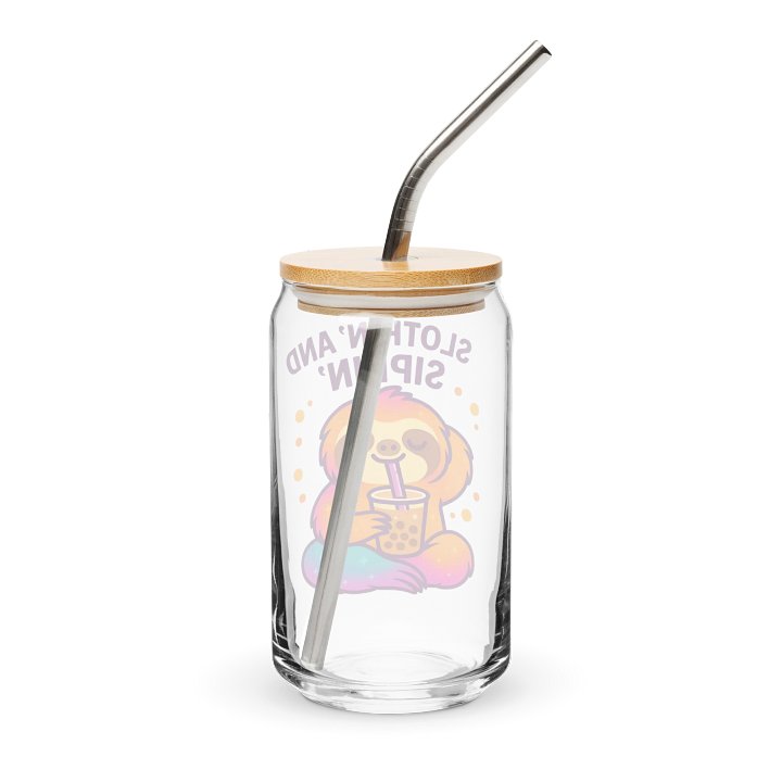 Slothin’ and Sippin’ – Funny Sloth Glass Cup with Lid & Straw | Sloths Having Snacks Collection product image (2)