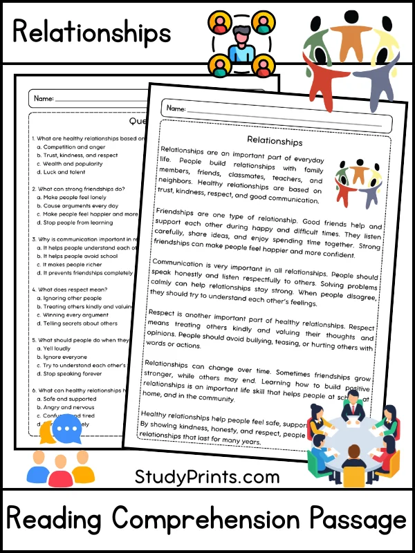 Relationships Reading Comprehension Passage and Questions | Printable PDF product image (1)