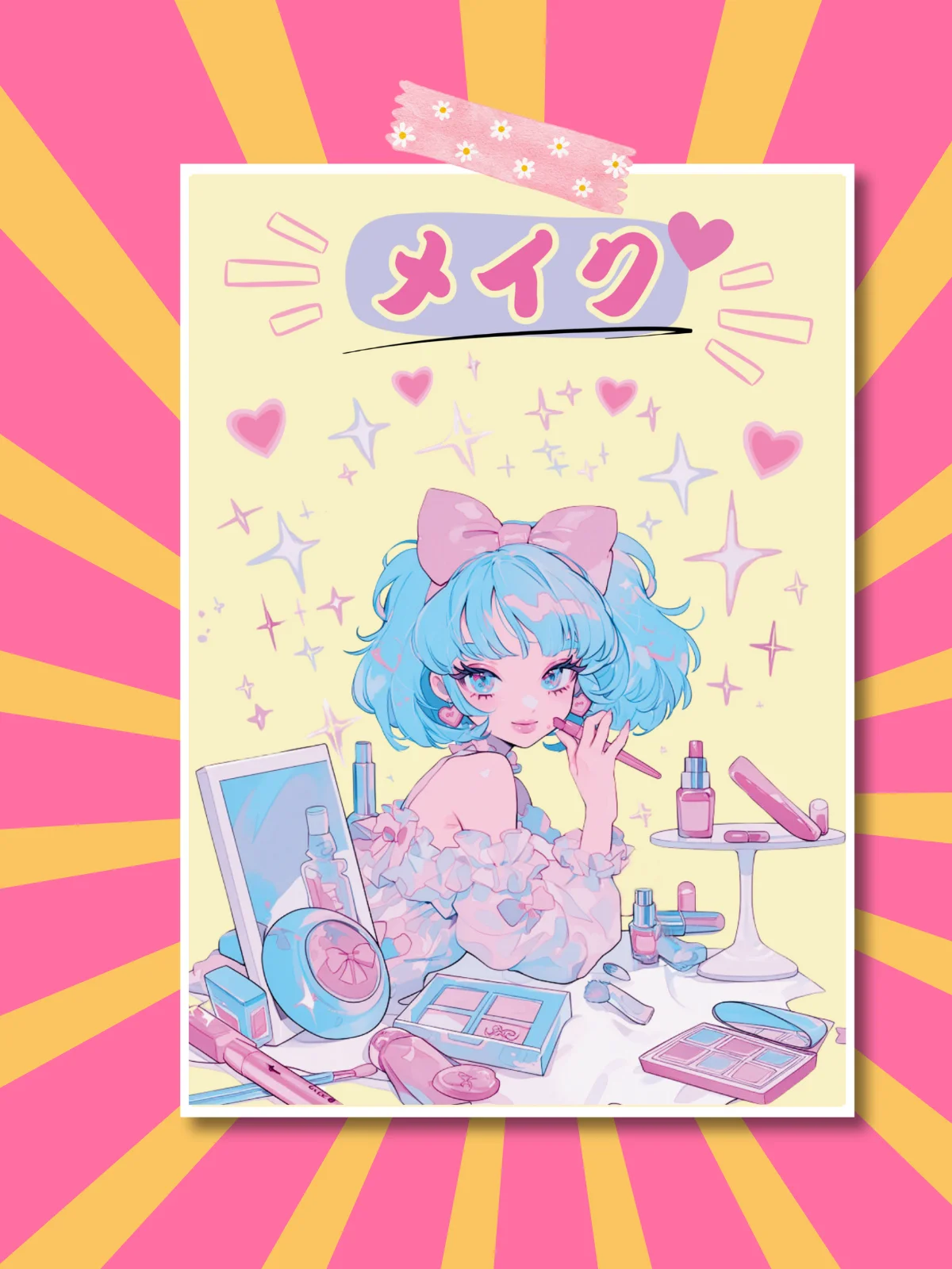 Retro 80's Anime Girl Print | Pastel Kawaii girl Art,Make-up Art Print | Kawaii Anime Art Postcard product image (4)