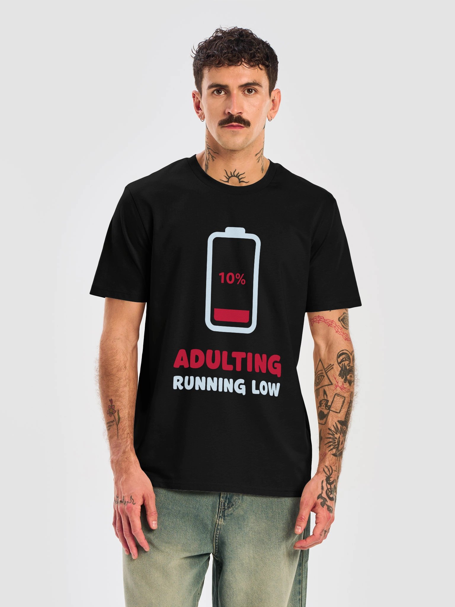 Adulting Running Low – Funny Battery Humor - Dark Colors - Unisex Organic T-Shirt product image (1)