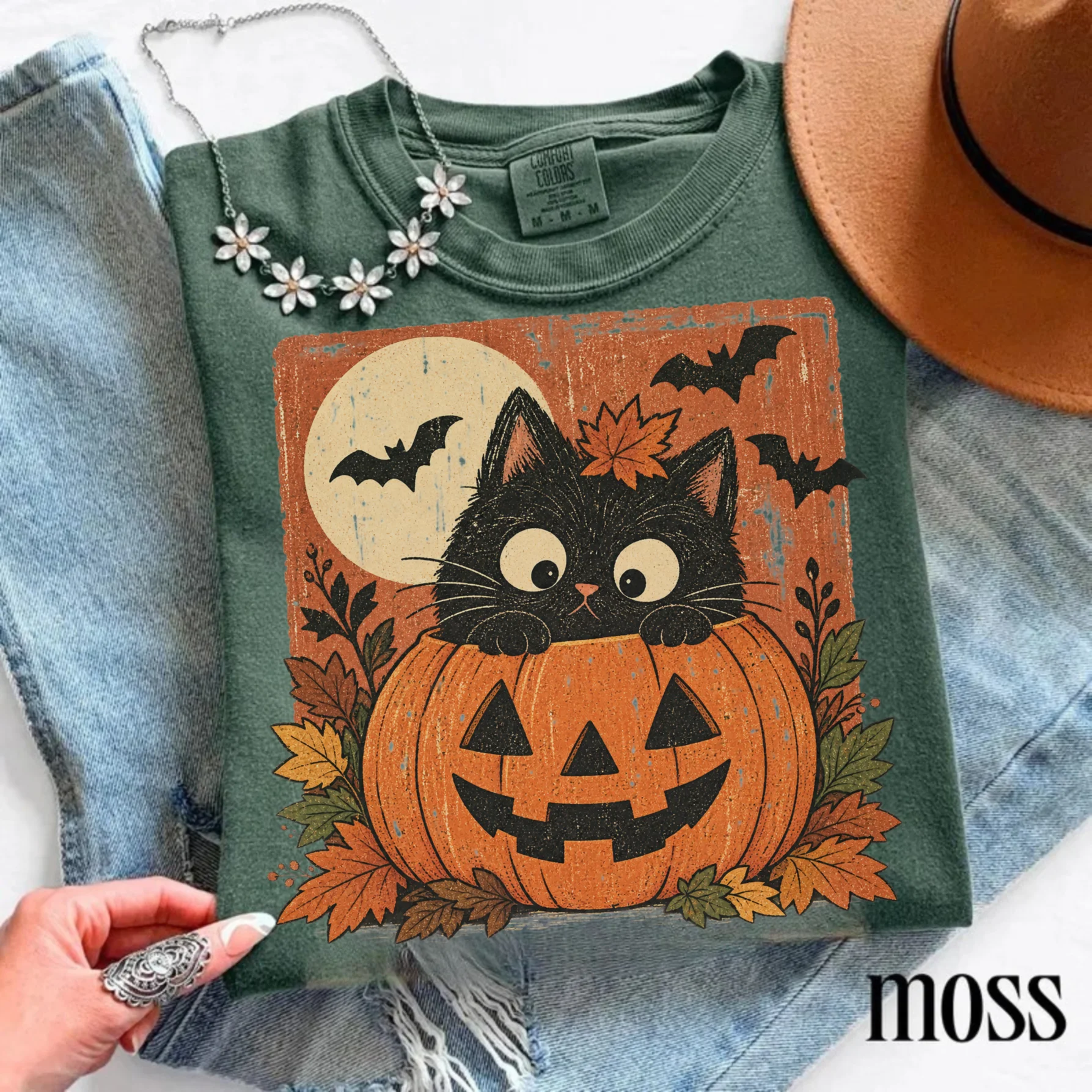Vintage Halloween Black Cat T-Shirt, Pumpkin Graphic Tee, Retro Spooky Cat Shirt, Fall Halloween Shirt product image (3)