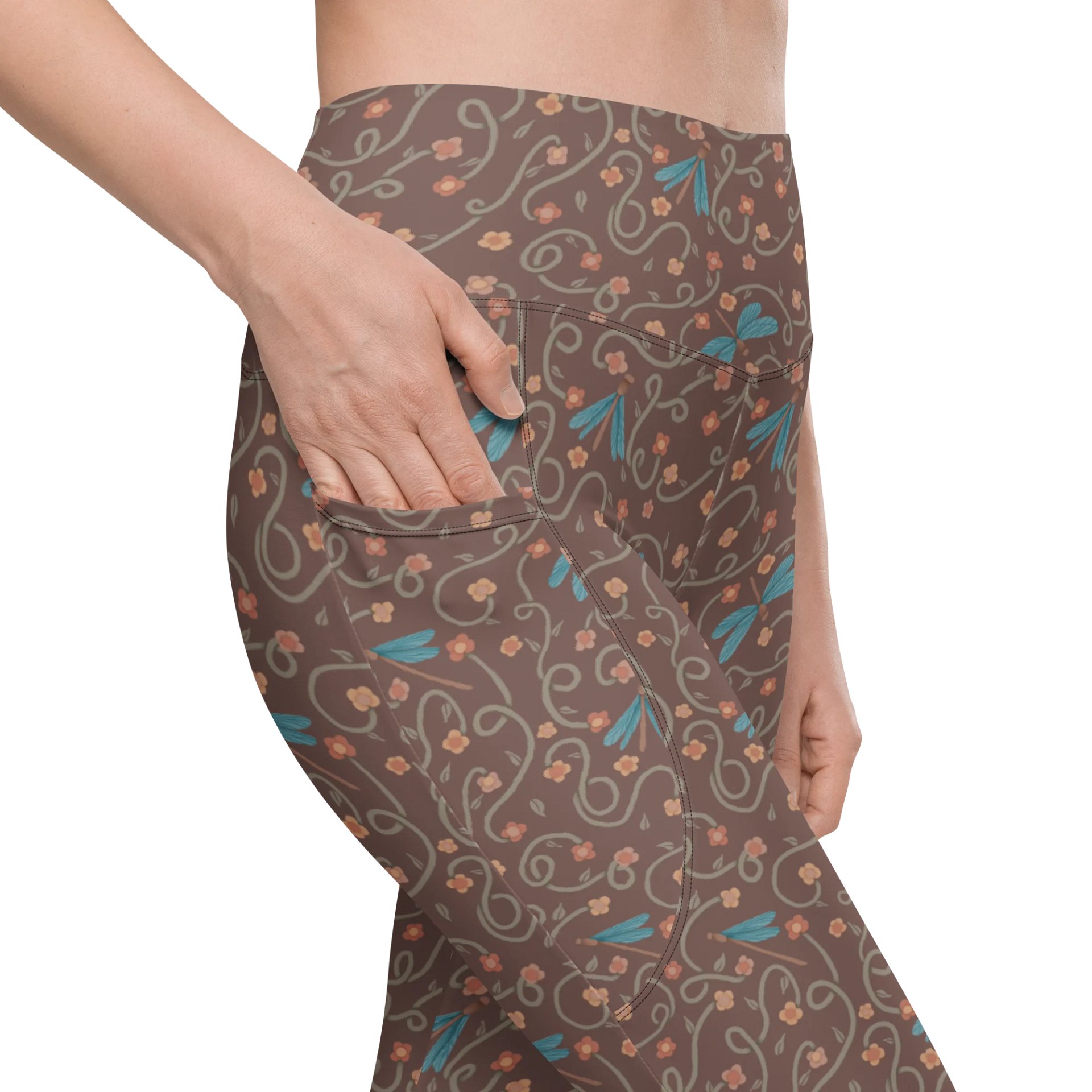 All-Over print leggings with pockets. Dragonfly and floral artistic activewear product image (3)
