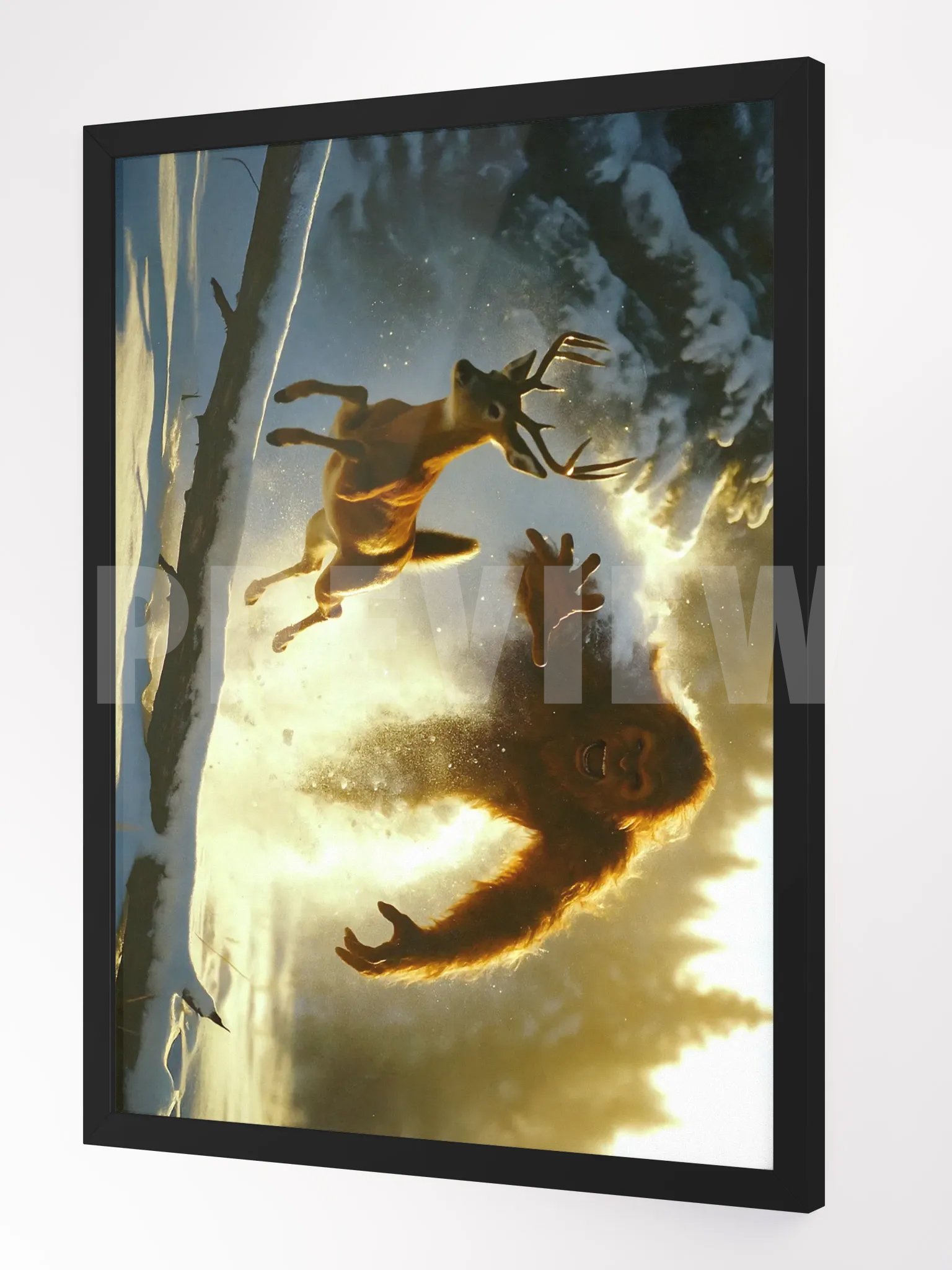 Red Devil Ambush – Bigfoot vs. Whitetail | 24x18 Framed Cryptid Art Print product image (6)