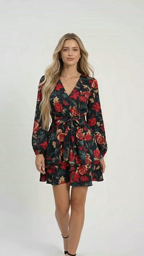 KARISMINA Women's Black Floral Mini Dress V-Neck Puff Sleeve Printed Cinched Waist Ruffle Hem A-Line Autumn Vacation Beach Pa...