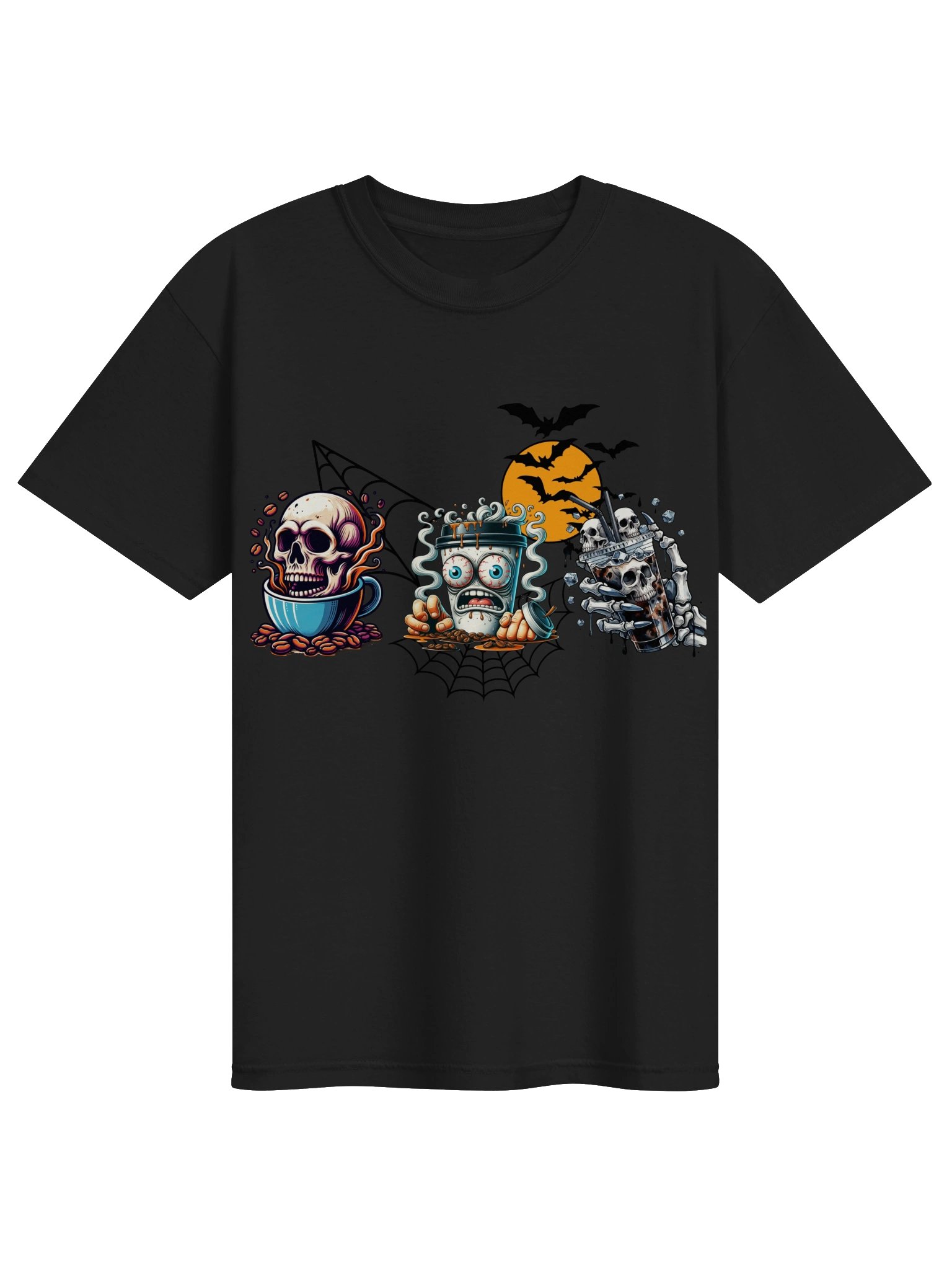 Halloween Coffee Unisex T-Shirt – Spooky Skulls, Bats & Coffee Cup Graphic product image (9)