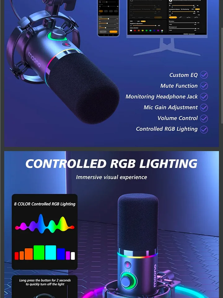 MAONO XLR/USB Dynamic Microphone for Gaming PC, RGB Podcast Mic for YouTube with Software, Mute, Gain Knob, Volume Control, Boom Arm for YouTube Gaming, Singing, Recording, Streaming, PD200XS Black product image (2)