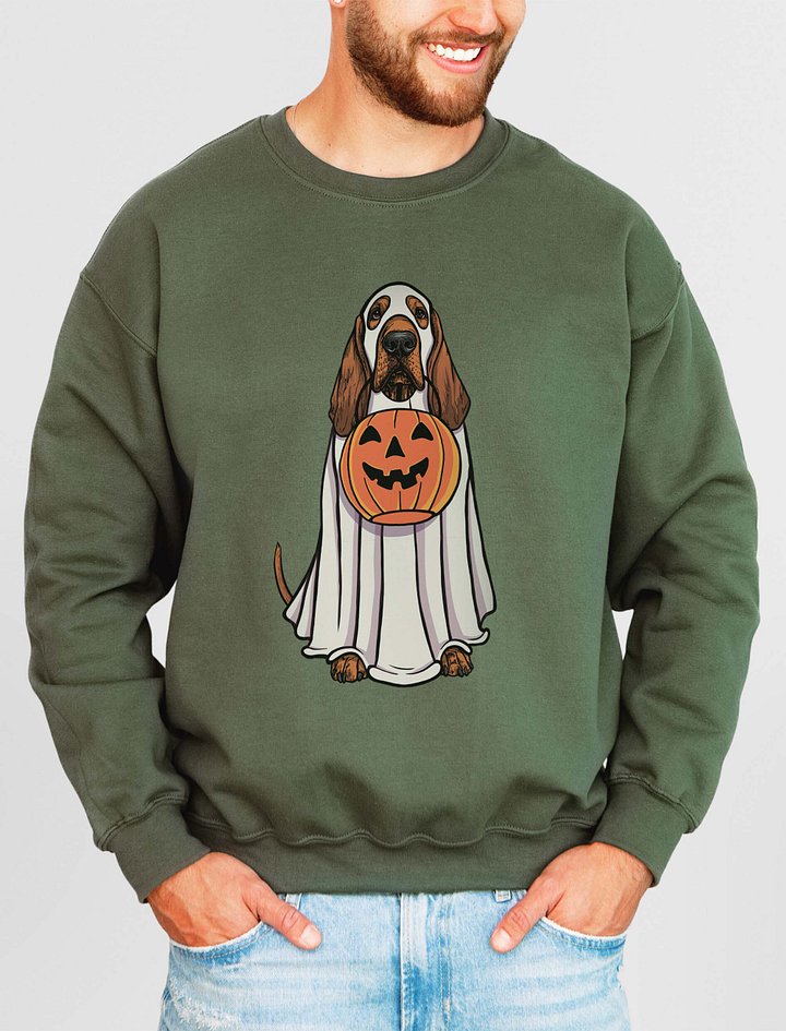 Funny Halloween Bloodhound(Red) Sweatshirt | Funny Bloodhound Wearing a Ghost Costume and Holding a Pumpkin Basket product image (2)