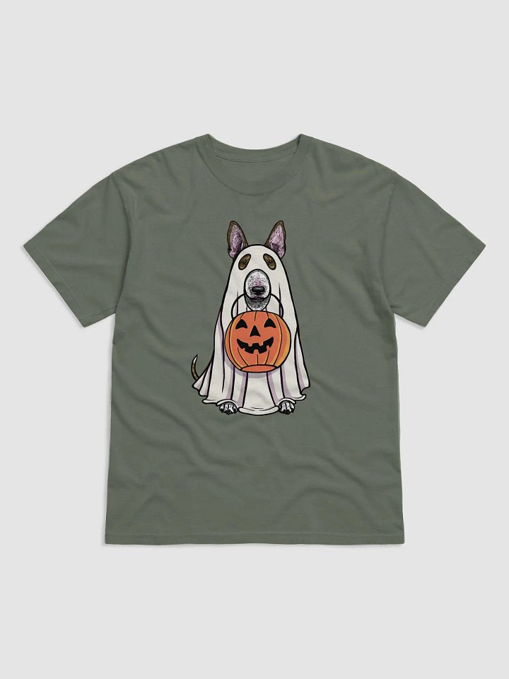 Funny Halloween Bull Terrier(Brindle) T-Shirt | Funny Dog Wearing a Ghost Costume and Holding a Pumpkin Basket product image (1)