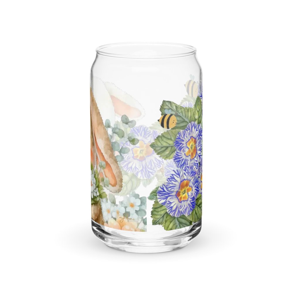Garden Whispers: Bunny and the Primula Zebra Blues | 16oz Glass Can | Nature-Inspired Drinkware product image (8)