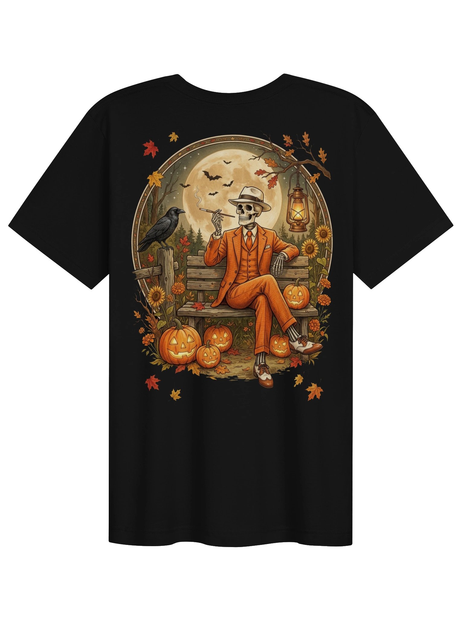 Spooky Skeleton Autumn Vibe Tee - Vintage Halloween Pumpkin & Raven T-Shirt product image (1)