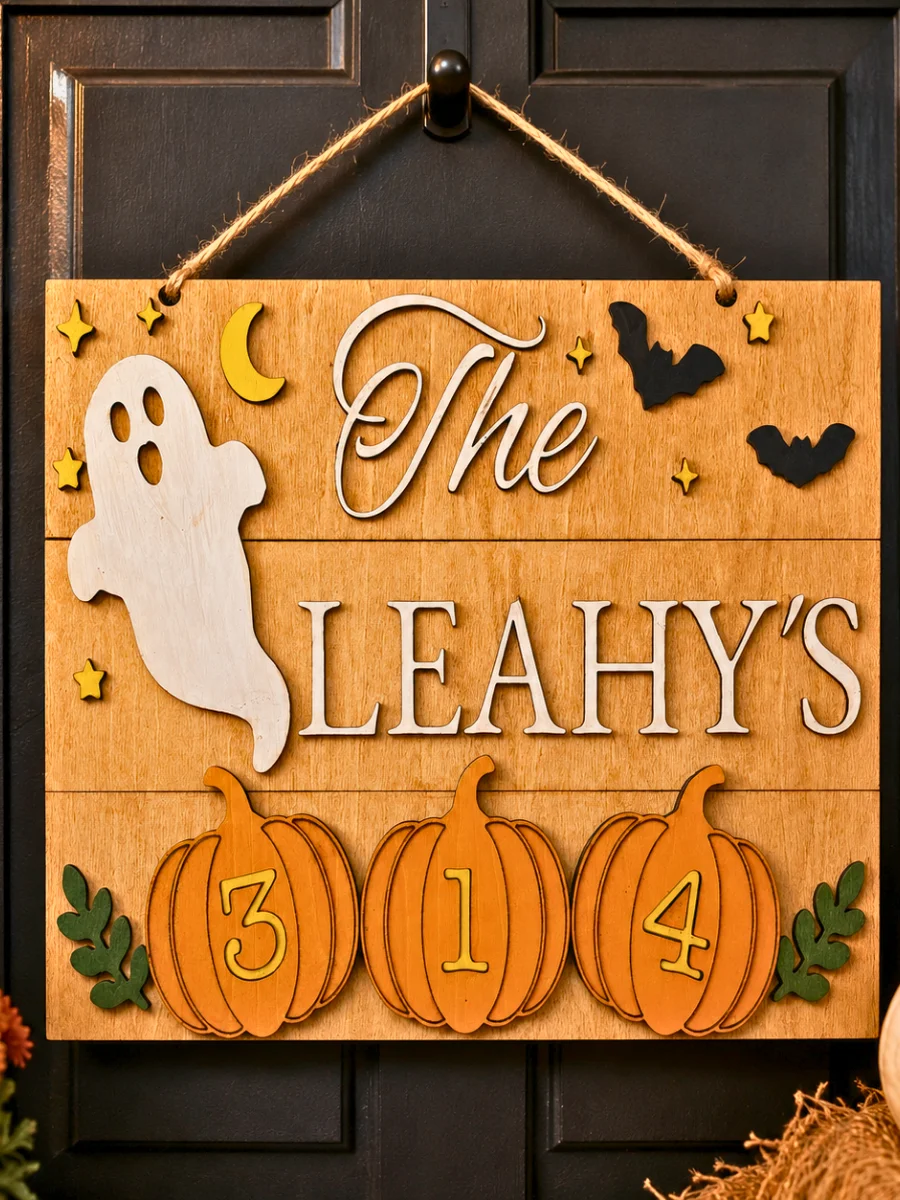 Personalized Halloween Door Hanger | Custom Family Name, House Number Sign | Basswood Pumpkin Decor product image (2)