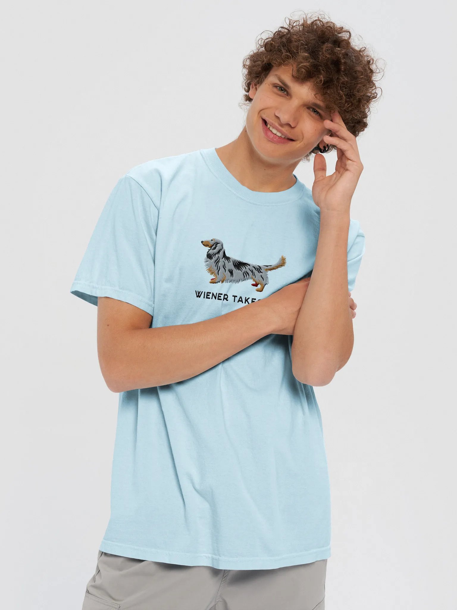 Wiener Takes All T-Shirt(Embroidered) of a Longhaired Dachshund(Dapple) product image (2)