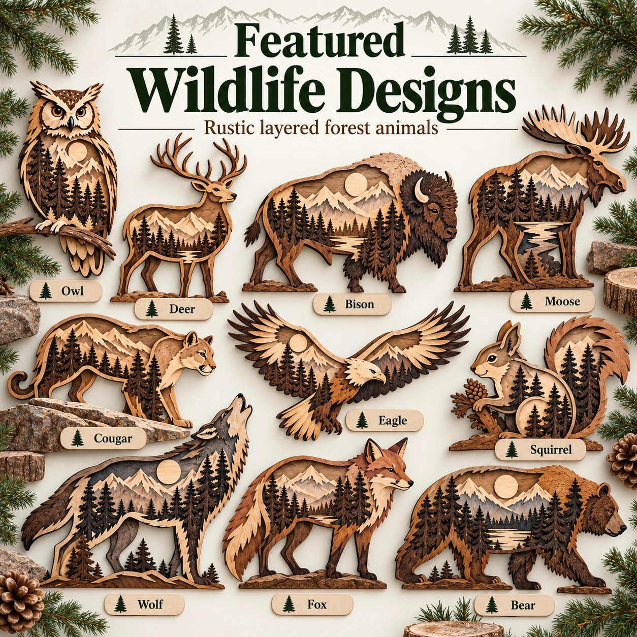 30+ Multilayer Animal Laser Cut Bundle | 3D Wooden Animal SVG, DXF, AI ...
