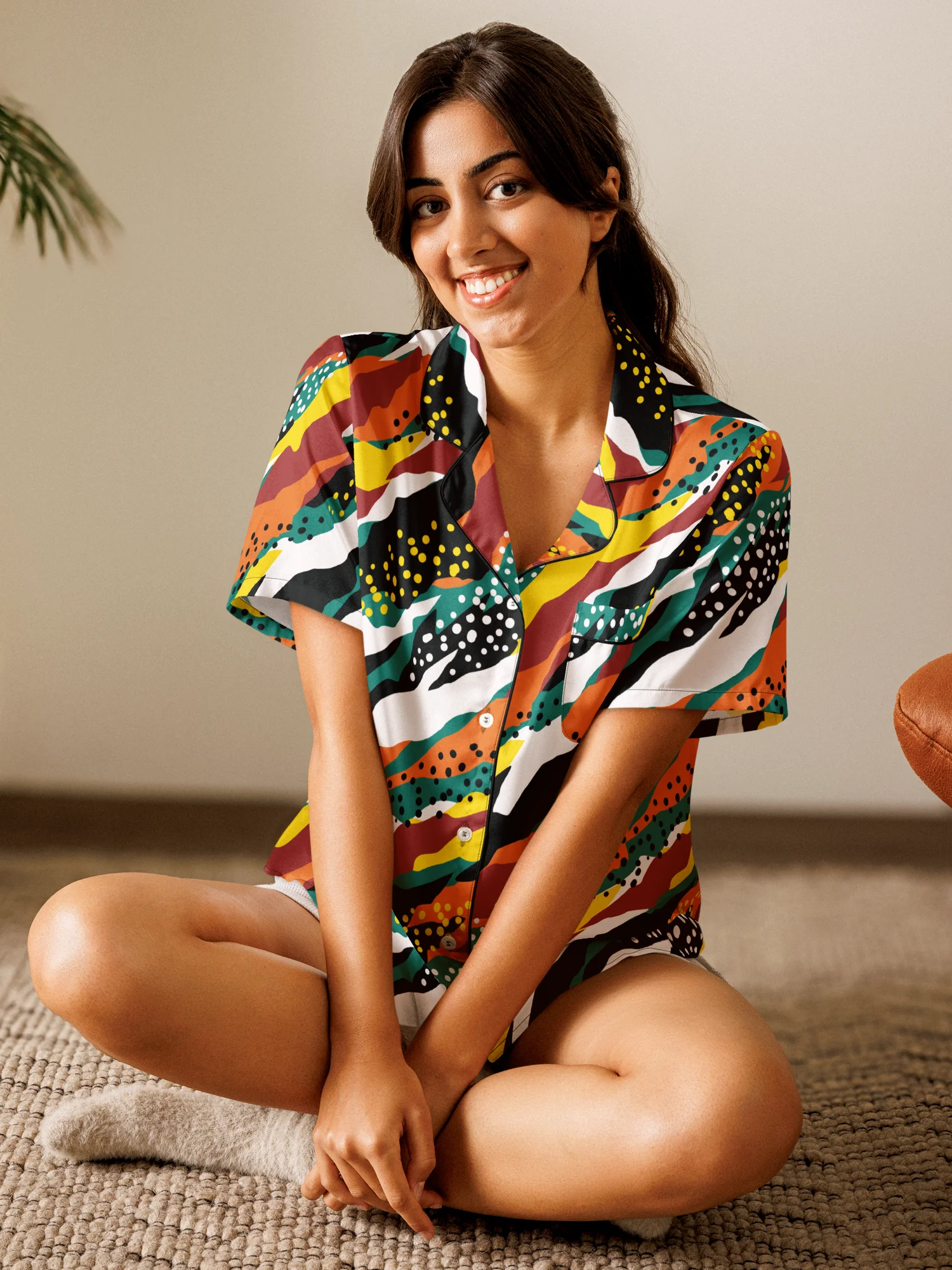 Terracotta & Teal Abstract Safari Pattern | Vibrant All-Over Print Women's Short Sleeve Pajama Top product image (9)