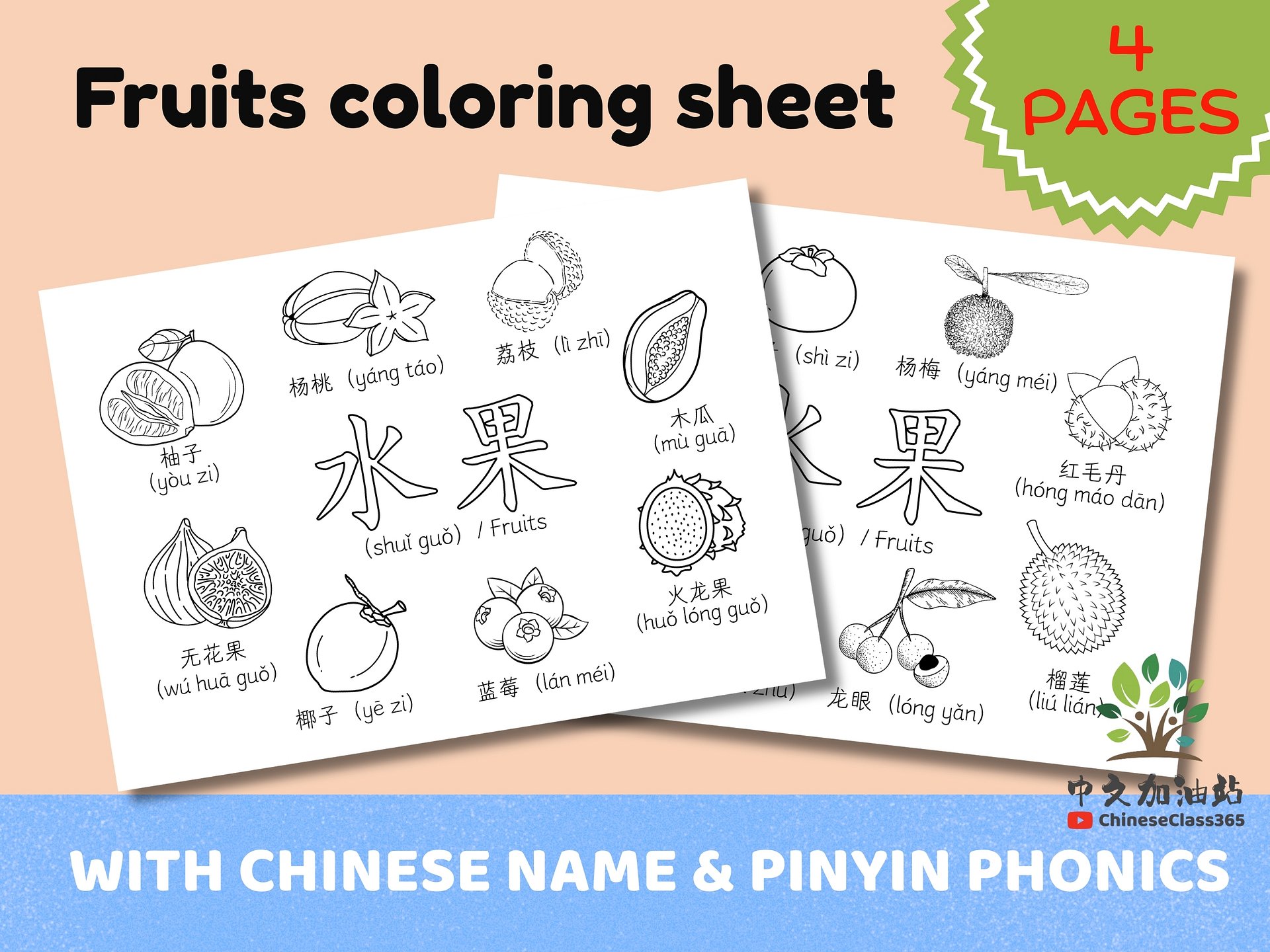 Mandarin Fruits Coloring Pages | Learn Chinese Vocabulary | Printable ...