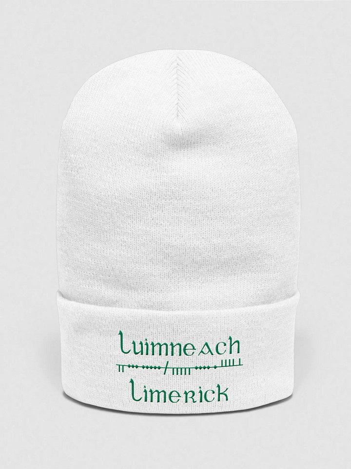 Limerick/Luimneach Scholastic style Ogham, white with green, embroidered Cuffed Beanie product image (1)