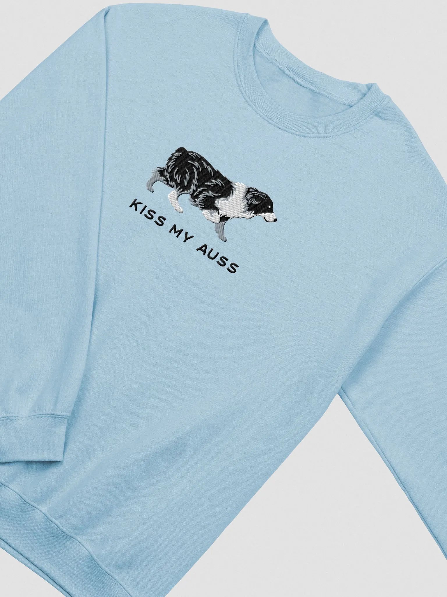 Kiss My Auss Sweatshirt (Embroidered) of an Australian Shepherd(Black & White) product image (5)