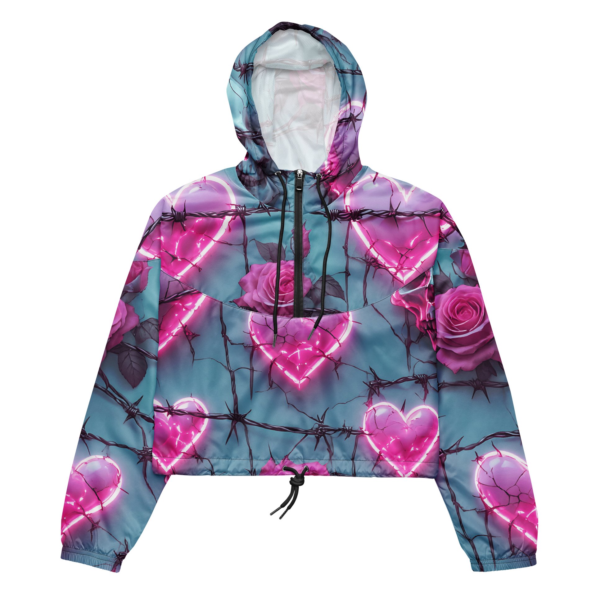 Neon Barbed Rose Heart Cropped Windbreaker - Glow Pink Shattered Hearts All-Over Print Women's Lightweight Jacket product image (2)