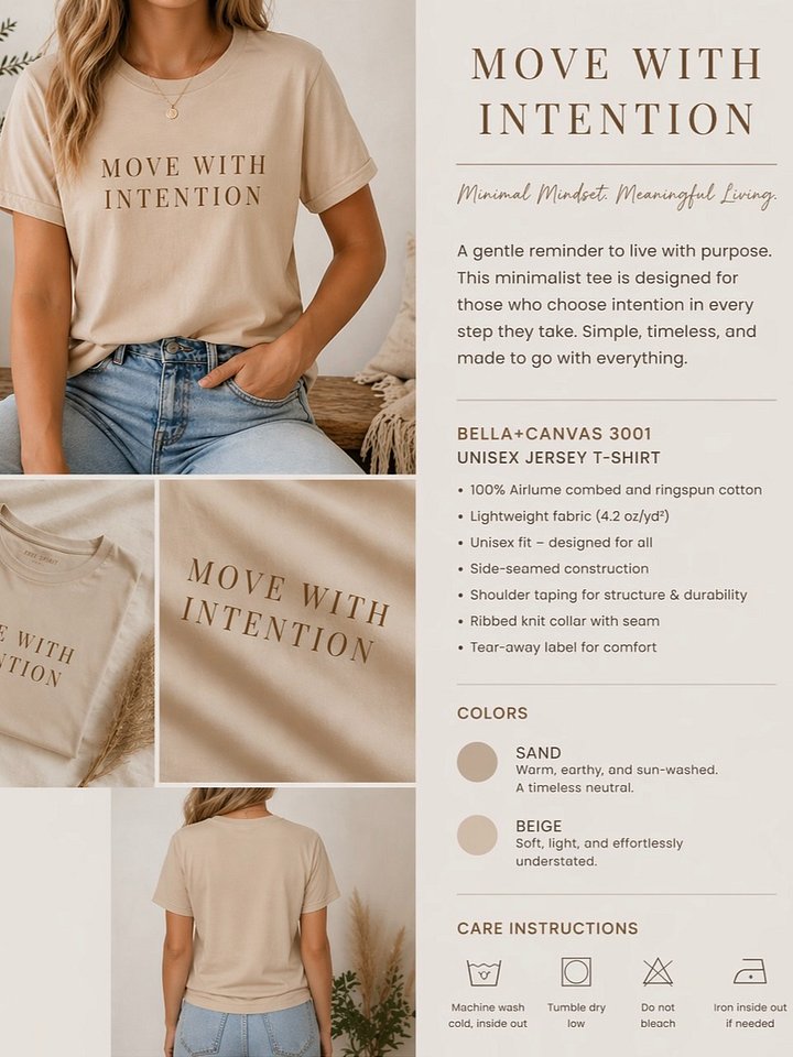 Move With Intention T-Shirt – Minimalist Statement Tee | Neutral Aesthetic Cotton Shirt product image (2)