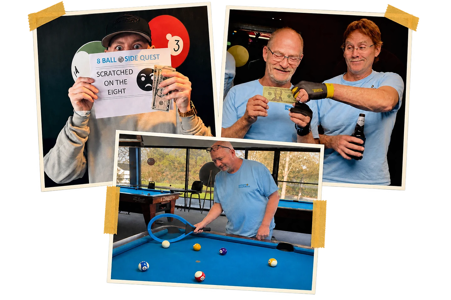 Check My Rack Side Quest scrapbook collage showing players celebrating tournament moments and completing a creative pool challenge