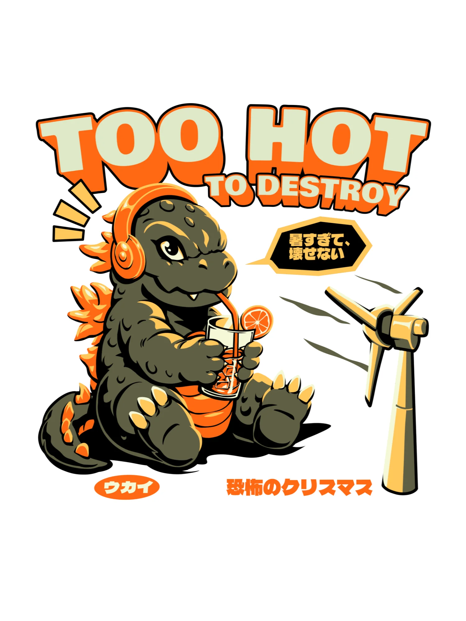 Too Hot to Destroy – Chibi Kaiju Summer Chill Japanese Retro Illustration Print product image (1)