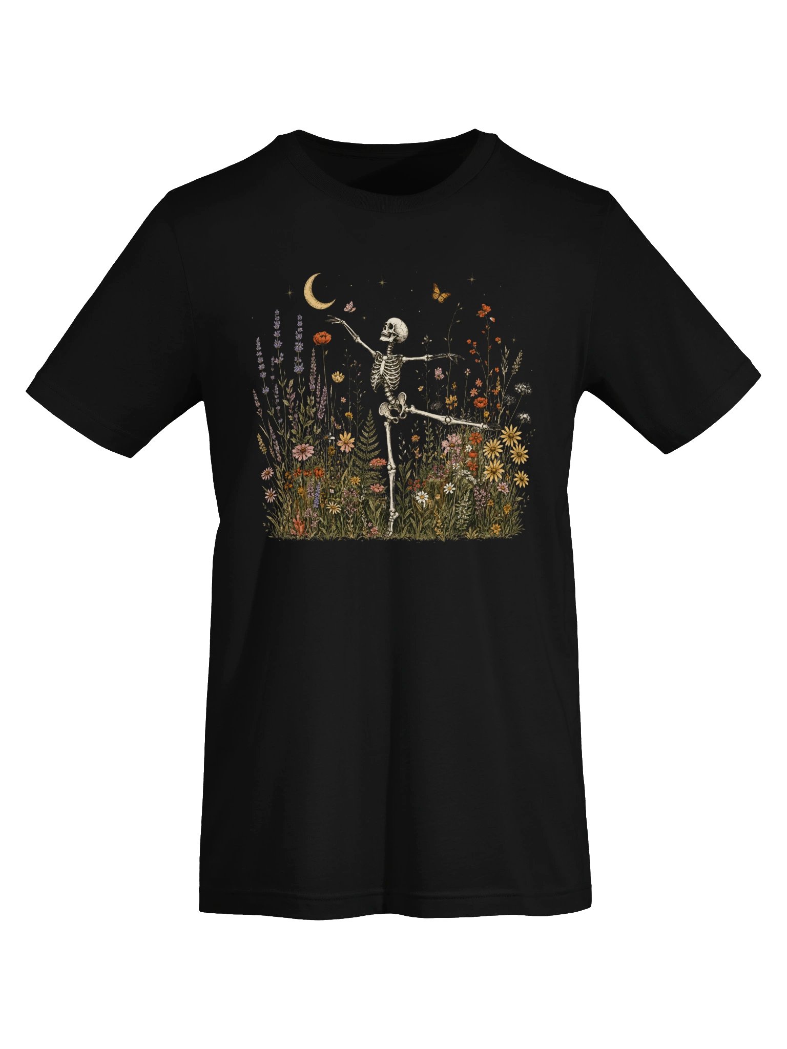 Dancing Skeleton Wildflower Graphic Tee - Whimsical Goth Botanical Moon Shirt product image (25)