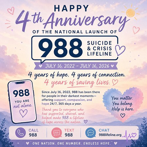💙 Today marks 4 years since the nationwide launch of the 988 Suicide & Crisis Lifeline.

Since July 16, 2022, millions of peo...