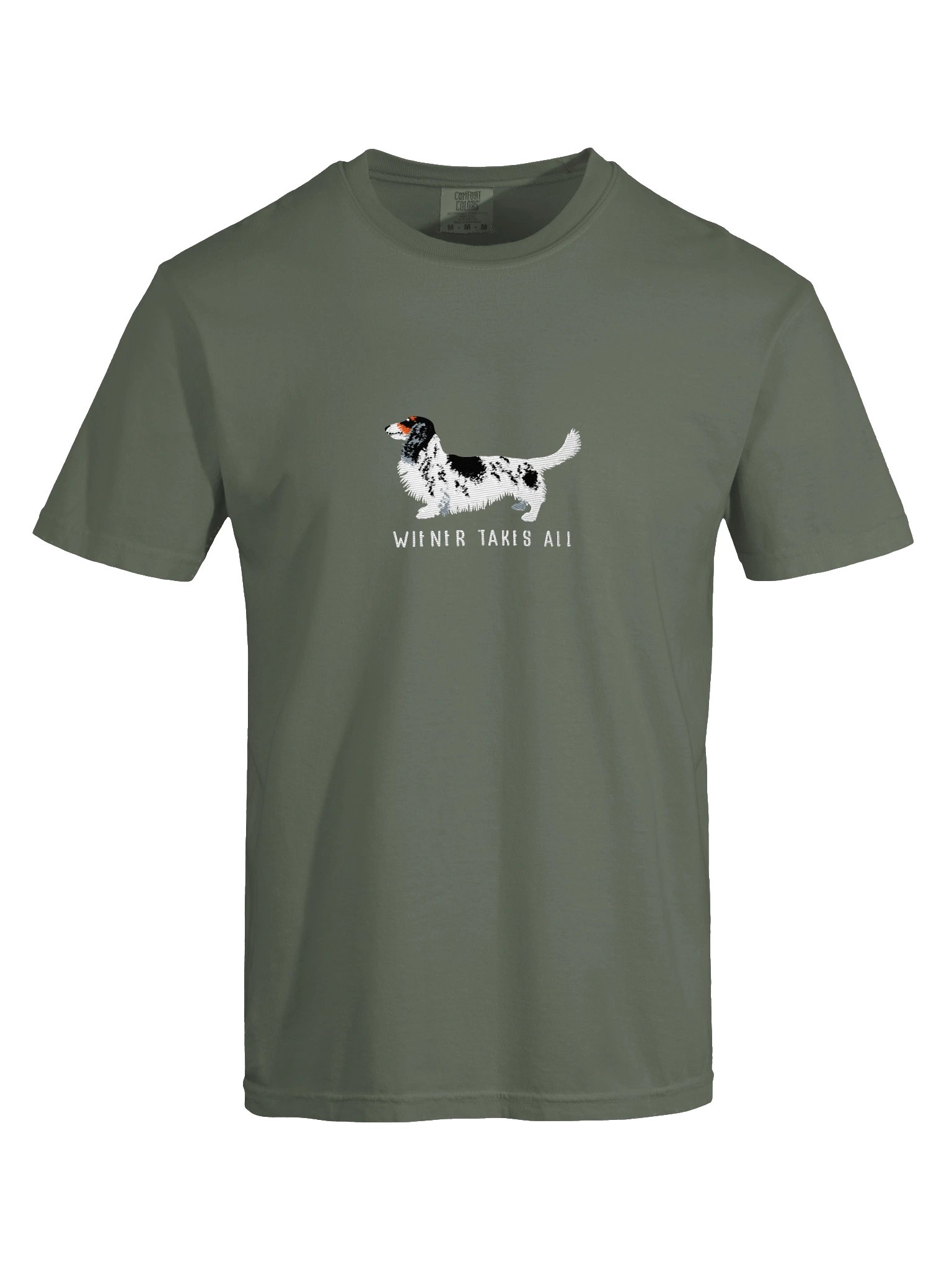 Wiener Takes All T-Shirt(Embroidered) of a Longhaired Dachshund(Pied Black & White) product image (29)