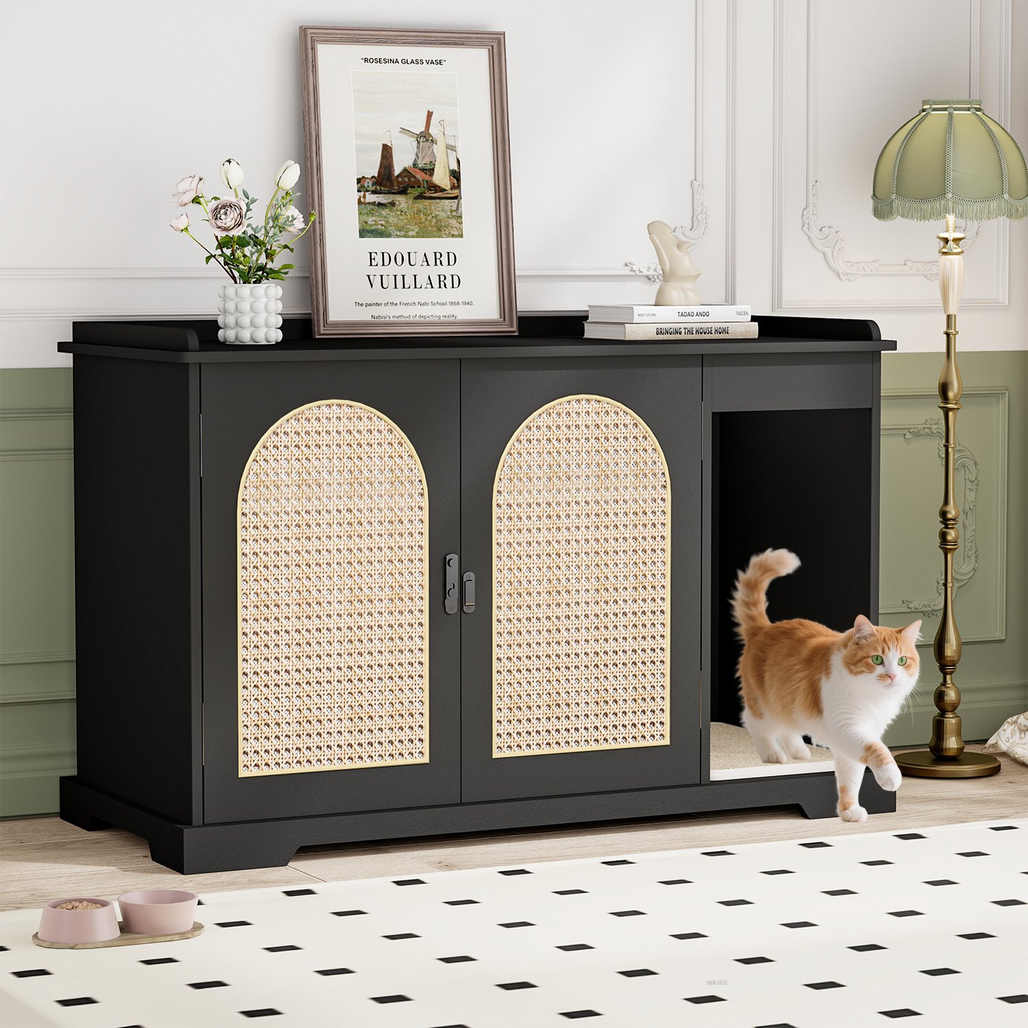Black Hidden Cat Litter Box Furniture Indoor Wooden Cat Litter Box Enclosure with Double Movable Doors and Divider for Living Room Washroom product image (1)