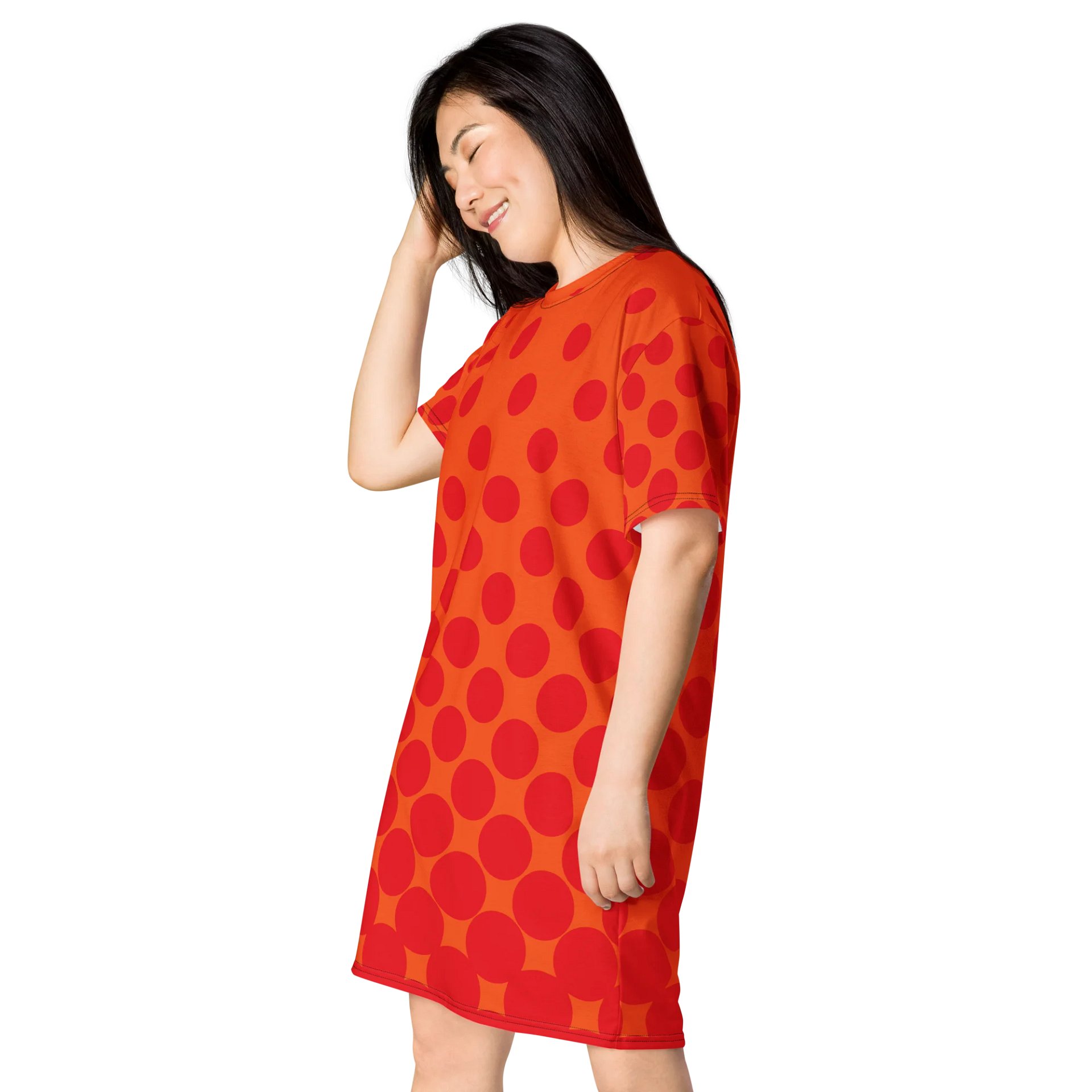 Trendy Oversized T-Shirt Dress with Exclusive Orange Polka Dot Design - TDSMUSIC.com product image (3)