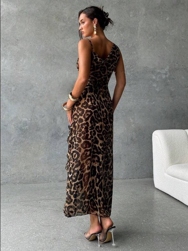 ADLEST Women's Leopard Print Ruffled Asymmetric Halter Sleeveless Dress, Sexy Party & Resort Wear, Spring/Summer product image (2)