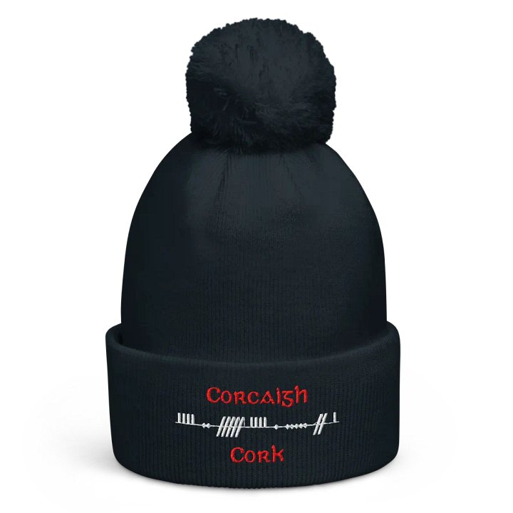 Cork/Corcaigh, Scholastic Style Ogham, red and white, embroidered Pom-Pom Beanie product image (1)