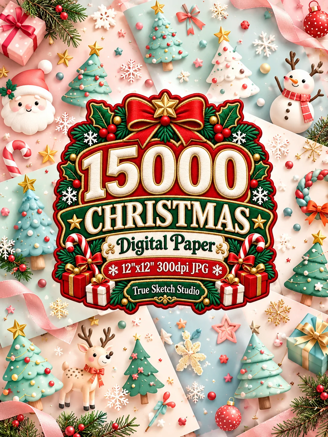 15000 Christmas Digital Paper Bundle, 12x12 JPG, Holiday Scrapbook Paper, Xmas Backgrounds, Printable Pattern Mega Bundle product image (3)
