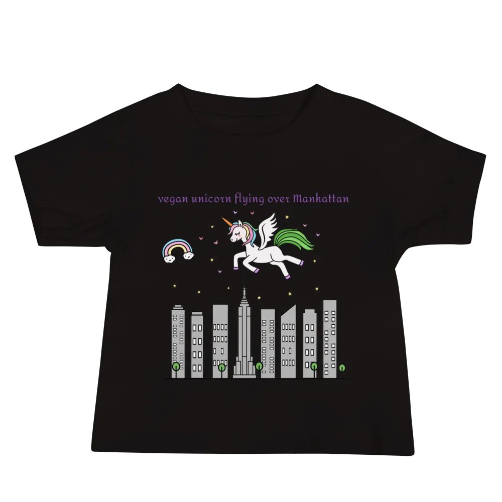 “Vegan Unicorn Flying Over Manhattan” Black T-Shirt for Kids product image (2)