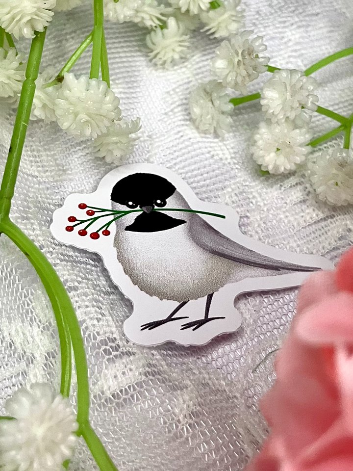 Chickadee With Red Berries Vinyl Sticker product image (2)