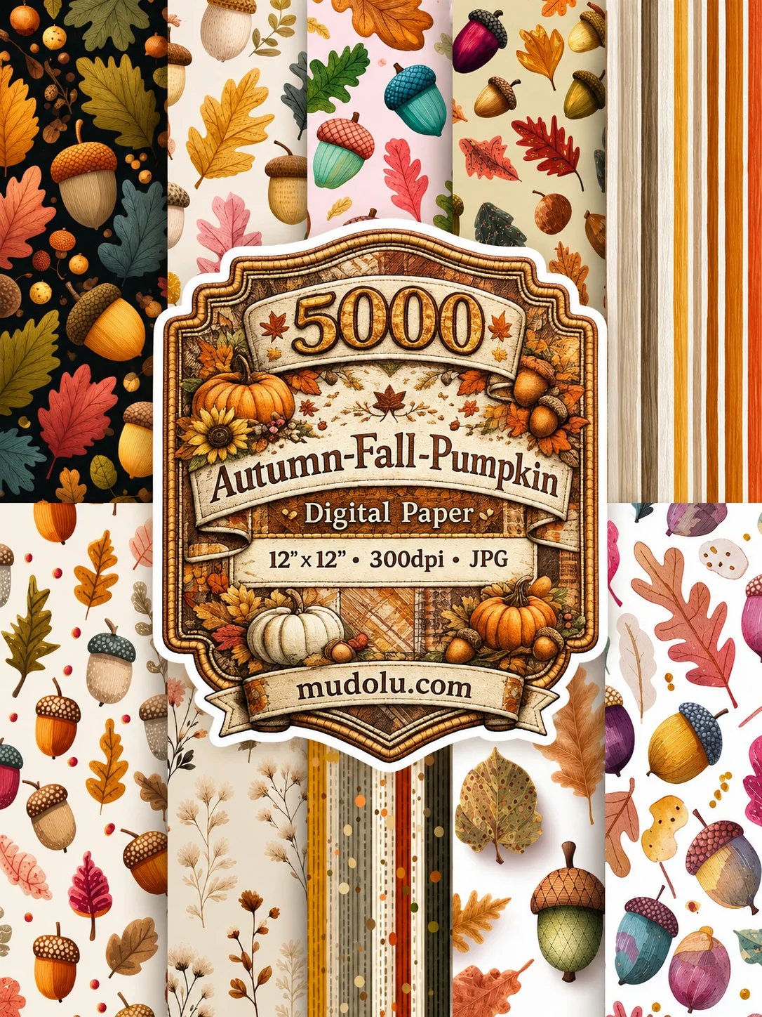 5000 Autumn Digital Paper Bundle, Fall Pumpkin Leaves Acorn Sunflower product image (6)