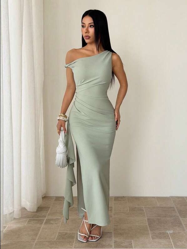 PETITE Spring & Summer Bridesmaid Dress, Party Oblique Shoulder Twist Knot Strapless Sexy Pleated High Slit Ruffle Wrap Long Dress, Elegant Ruffle Oblique Shoulder Dress In Green Sage Color product image (3)