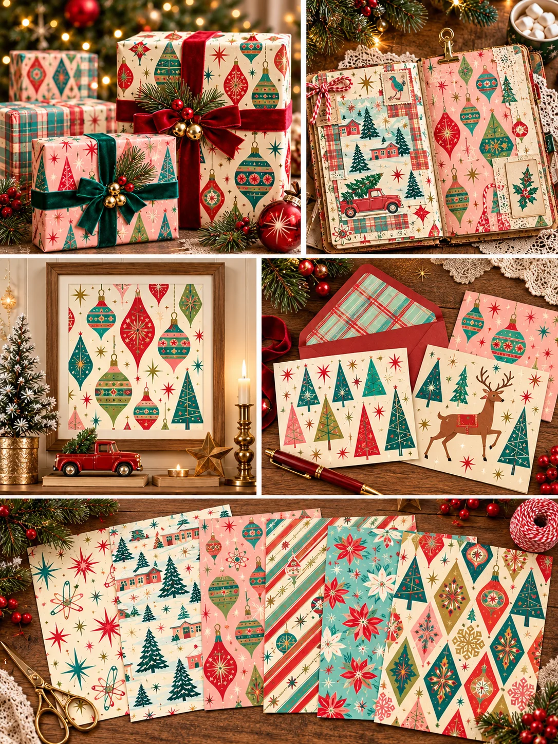 500 Retro Christmas Backgrounds, Kitsch 1950s Atomic Holiday Digital Paper Pack, Vintage Ornament Patterns, Printable Scrapbook JPG Download product image (3)
