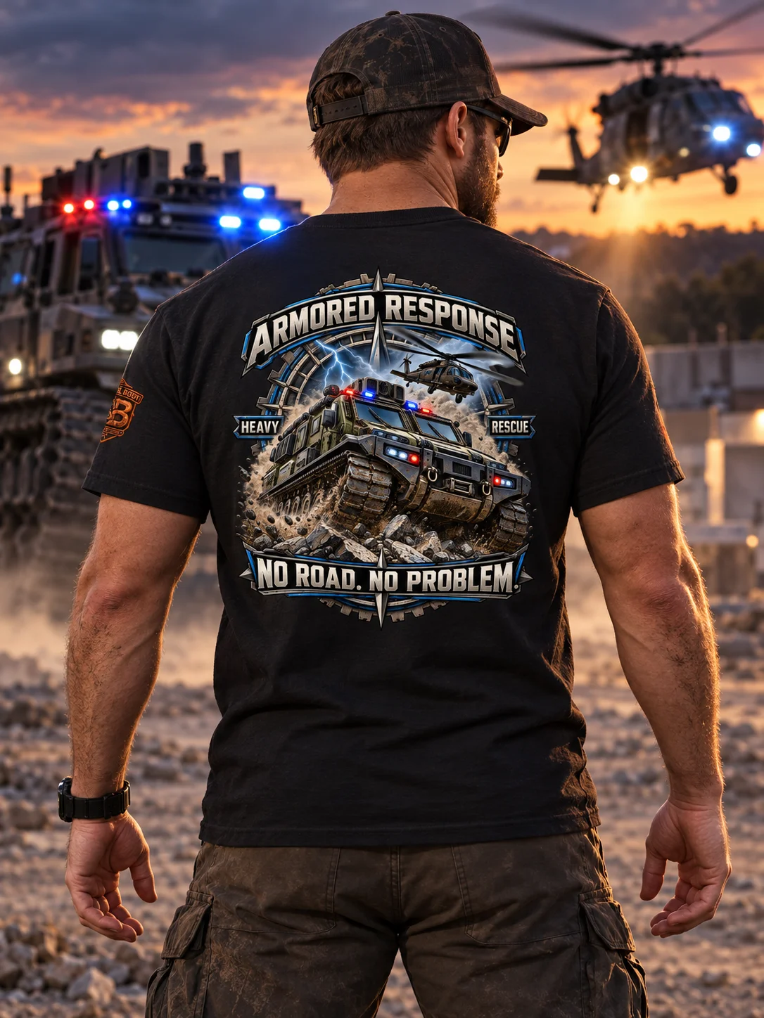 Armored Rescue Shirt — Heavy Response “No Road, No Problem” Tee | Flat Out Broken™ product image (1)