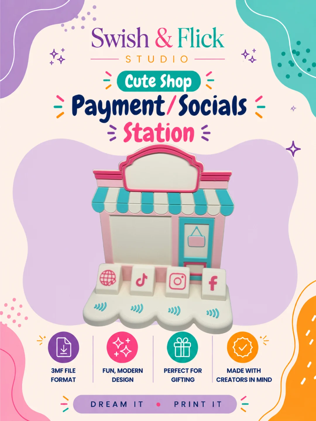 Cute Little Shop Payment & Socials Station 3MF File | NFC Business Display Stand | Social Media Payment Sign | Vendor Booth Setup | Multicolor 3D Print File product image (1)