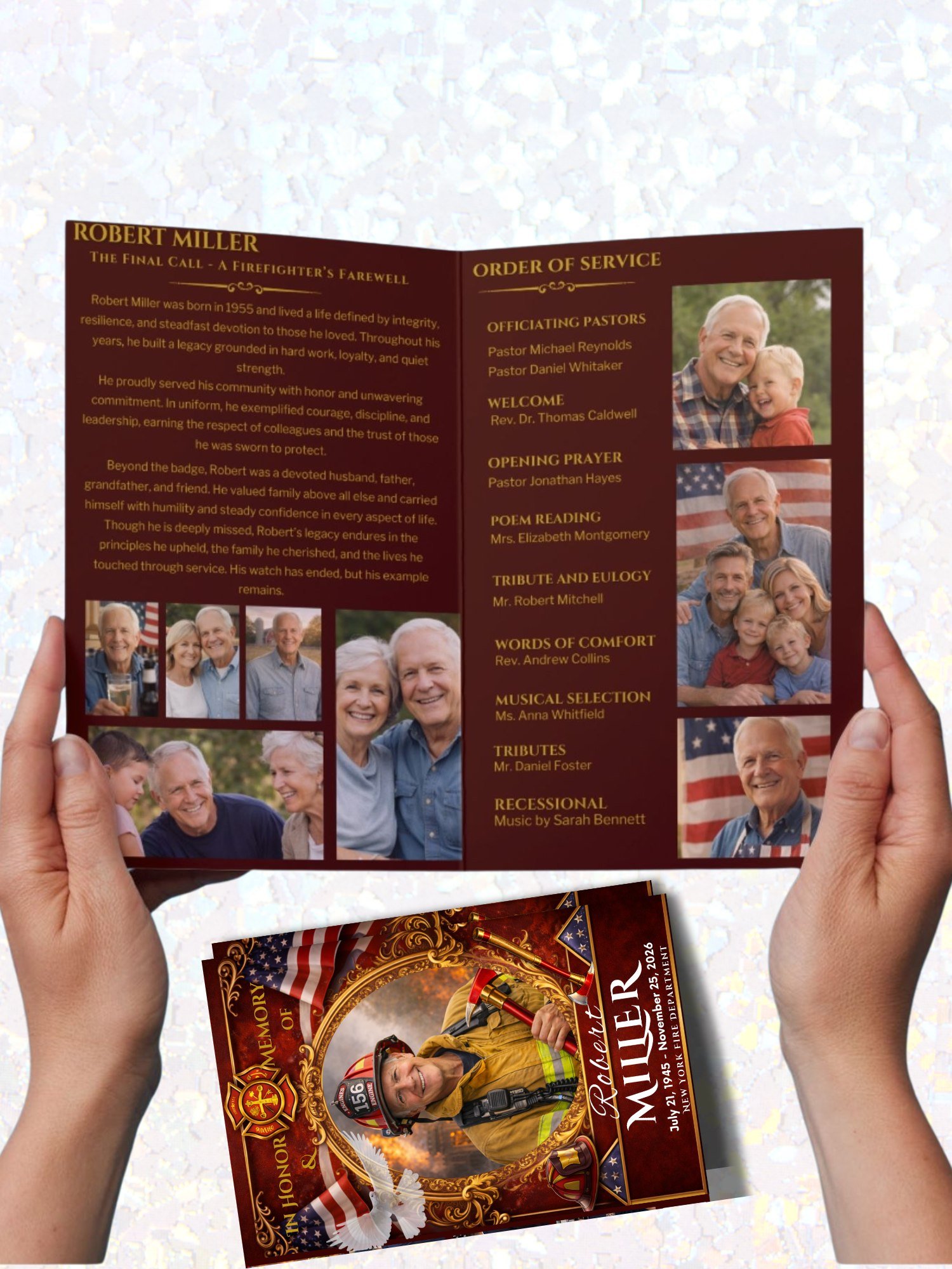 Firefighter Funeral Program Template | 4 Page Bifold Memorial Booklet | Thin Red Line Fire Dept Tribute | Editable Star of Florian Design product image (3)