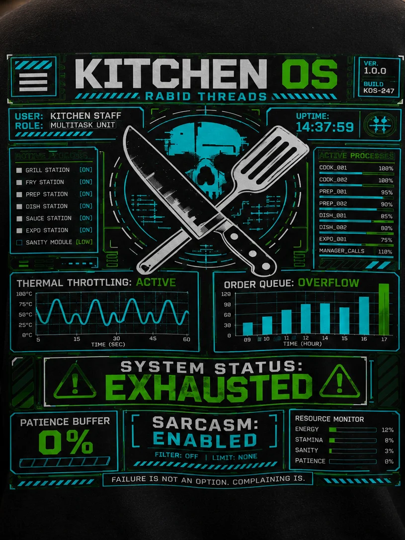 Kitchen OS™ — System Status: Exhausted | Chef Edition Heavyweight Tee product image (3)