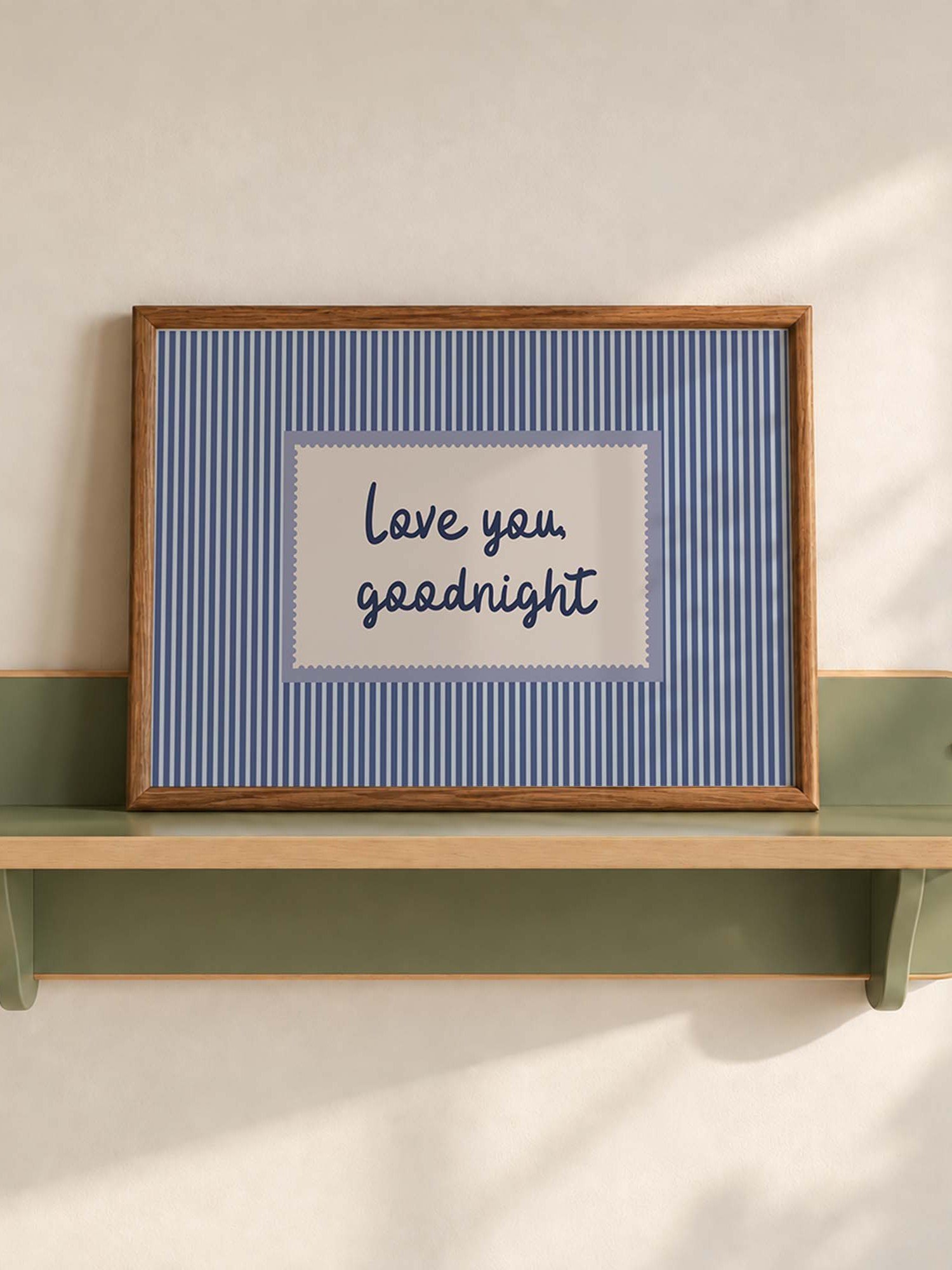 Love You Goodnight Wall Art, Blue Striped Typography Poster, Romantic Bedroom Decor, Horizontal Printable Download product image (1)