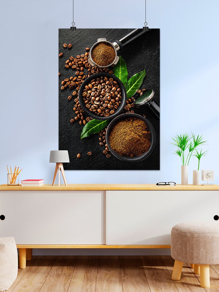 Coffee cups and beans — Photo paper glossy poster. Kitchen decor, coffee poster, coffee print, coffee photo, kitchen wall art product image (1)