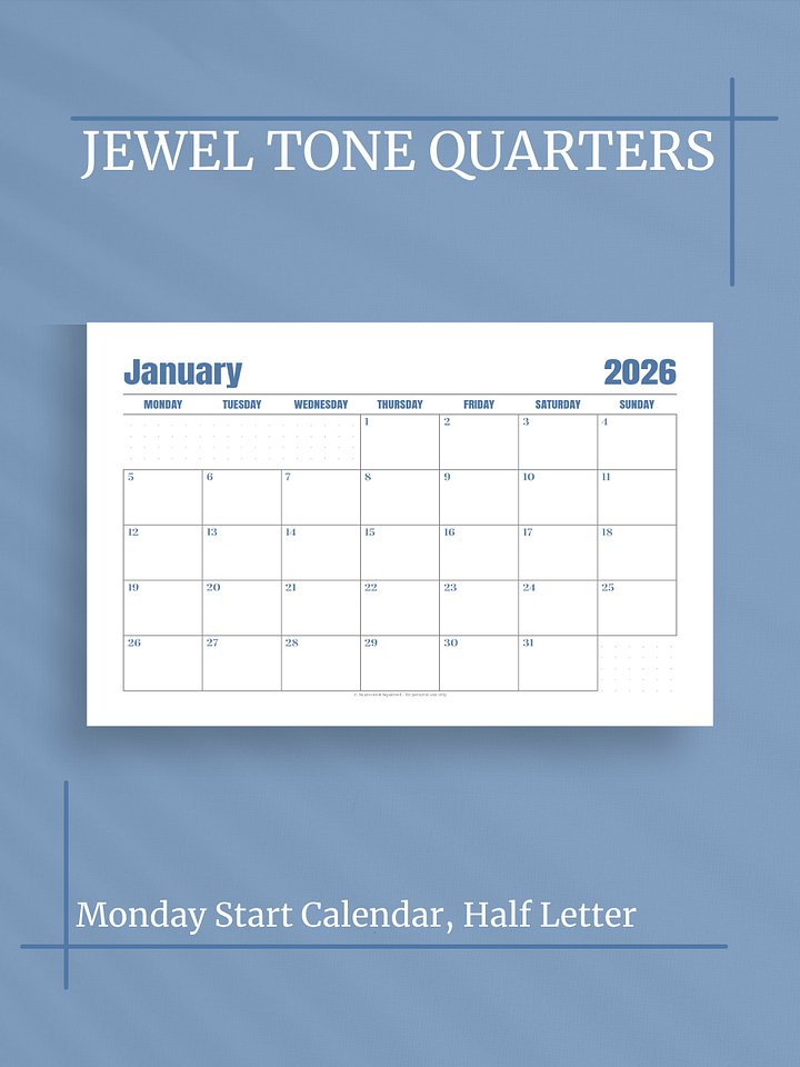 Jewel Tone Quarters 2026 Calendar - Single Page per Month, Monday Start, Half Letter Size product image (1)