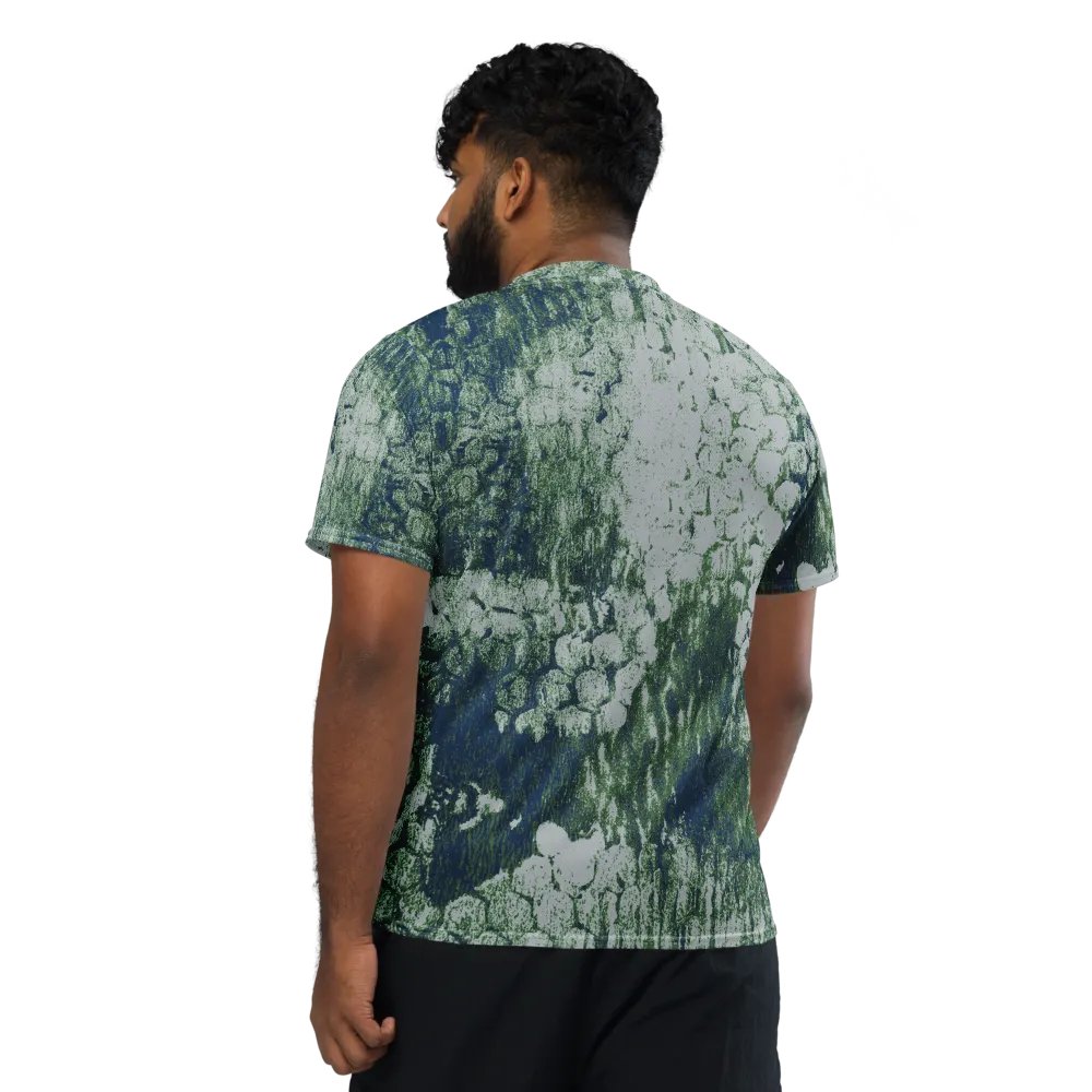 Honeycomb Grunge Unisex T-shirt in Mossy Green and Deep Blue on Bright Sand product image (7)